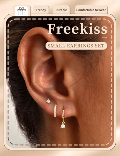 Image of Freekiss 3 Pairs Gold Hoop Earrings Set: Dainty Stud Earrings Trendy Small 14K Gold Plated Hypoallergenic Dangle Cartilage Huggie Hoop Earrings for Women Gold Jewelry for Women Gifts