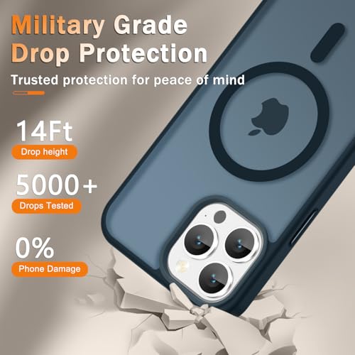 Image of YENAPOON for iPhone 13 Pro Max Case, Matte Magnetic Phone Cover [with 1 Screen Protector] [Support for MagSafe] [Shockproof Military Grade Protection] Translucent Frosted Back, Navy Blue