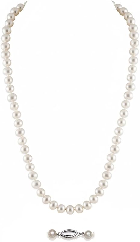 Belacqua Natural Cultured Freshwater Real Pearl Strand Necklace in Sterling Silver, White or Pink 5.5-9.5mm AAA Quality Round Pearls,16 to 36 Inches Length, Fishhook Clasp, Jewelry for Women, Gift Box