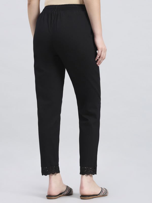 Image of GO COLORS Soft Cotton Lace Pencil Pant Full Length for Women| Mid-Rise, Breathable