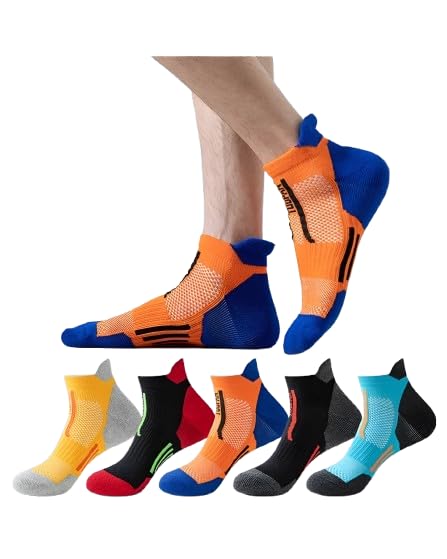 ROZZYBLUE Athletic Performance Socks, Orange Blue Yellow Black Red, Polyester Spandex Nylon, Free Size, Cushioned Mesh, 5 Pair Pack-image-21