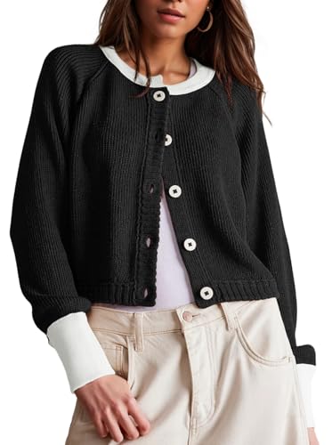 UNCLECAT Women's Cropped Cardigan Sweaters Fall Long Sleeve Open Front Cardigans Button Down Color Block Knit Outwear Coats Black
