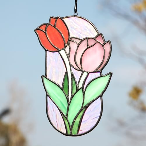 Saffron Stained Glass Window Hanging Decoration Tulip Stained Glass Decoration Garden Light Catcher