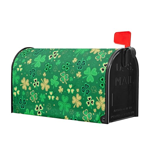 Image of St Patrick's Day Magnetic Mailbox Cover - Standard Size 21 X 25.5 Inch Green Gold Shamrock Design - Post Box Wrap for Outdoor Garden Home Yard Decoration