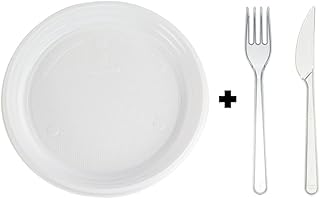 Mehrweg 200Stk. Ungeteilt Plastikteller 200Stk. Plastikgabel 200Stk. Plastikmesser Set Mehrwegteller Plastikbesteck Partygeschirr Plastikgeschirr Set (200, Ungeteilt_Gabel_Messer)