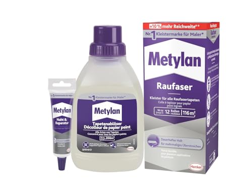 Metylan Raufaser, Tapetenkleister für Raufasertapete (1x720g) & Metylan Naht- und Reparaturkleber (1x60g) & Metylan Tapetenablöser Aktiv-Konzentrat, löst problemlos (1x0,5l)