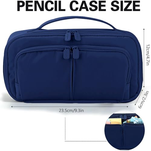 Image of Pencil Case Large Capacity Pencil Pouch Pen Bag with Handle, Portable Pencil Case Pencil Bags with Zipper Student Stationery Bag for Girls and Boys Teen Adults Men Women (Navy Blue)
