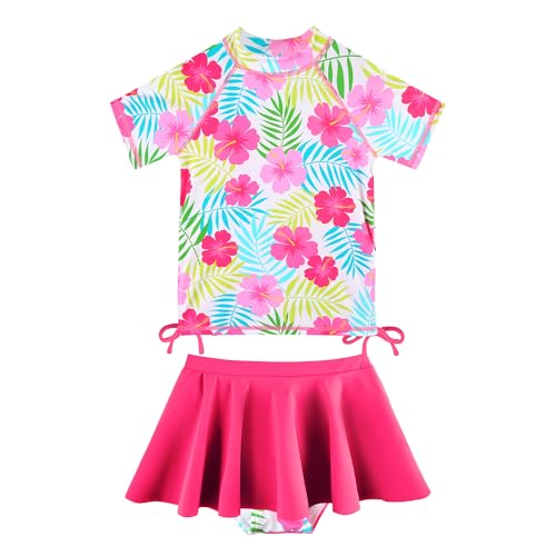 Image of BAOHULU Girls Two Piece Swimsuits Rash Guard Ruffle Bikini Skirt Short Sleeves Beach Dress Swimwear UPF 50+ 3-12Y