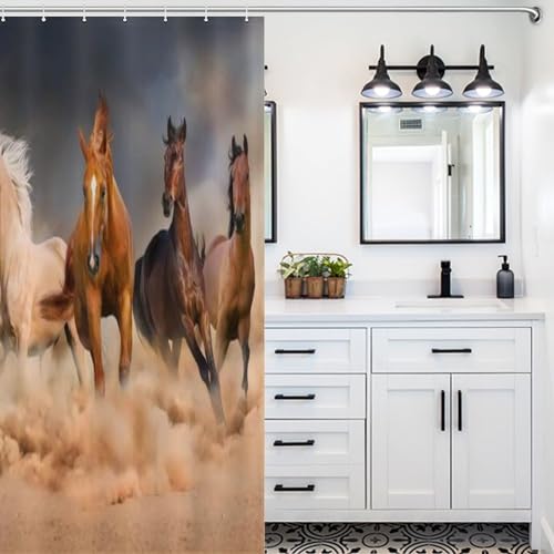 Rideau de douche cheval 140x183 cm en polyester imperméable lavable avec 12 crochets