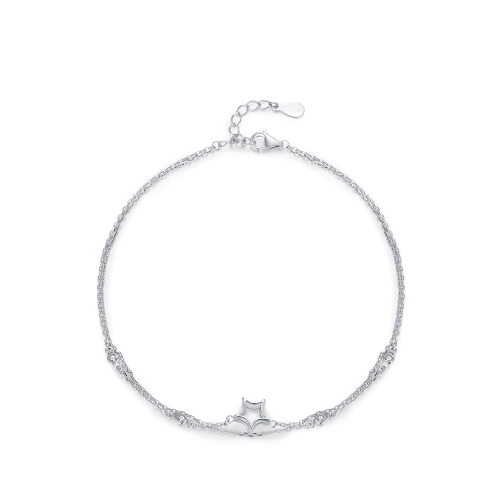 Bracciale Oro Bianco 9 Kt / 14 Kt / 18 Kt Donna, Catena Doppio Strato con Stella Cava, Regolabile 16 CM + 5 CM, Braccialetto Catena Argento Donna