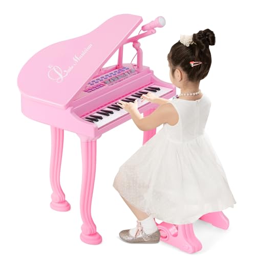 COSTWAY Piano Numérique 37 Touches pour Enfants avec Tabouret & Microphone, Piano Electronique Portable avec Mode d'Enseignement LED & MP3, Piano Enfants 3 Ans, Charge 50kg (37 Touches, Rose)