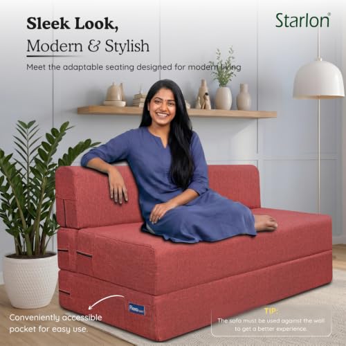 Image of Starlon 3 Seater Foldable Sofa Cum Bed 3-in-1 with 2 Geometrical Pattern Pillows, Washable Jute Fabric Cover, Space Saving Guest Bed, Pre-Assembled Royal Maroon 5x6.5 Ft