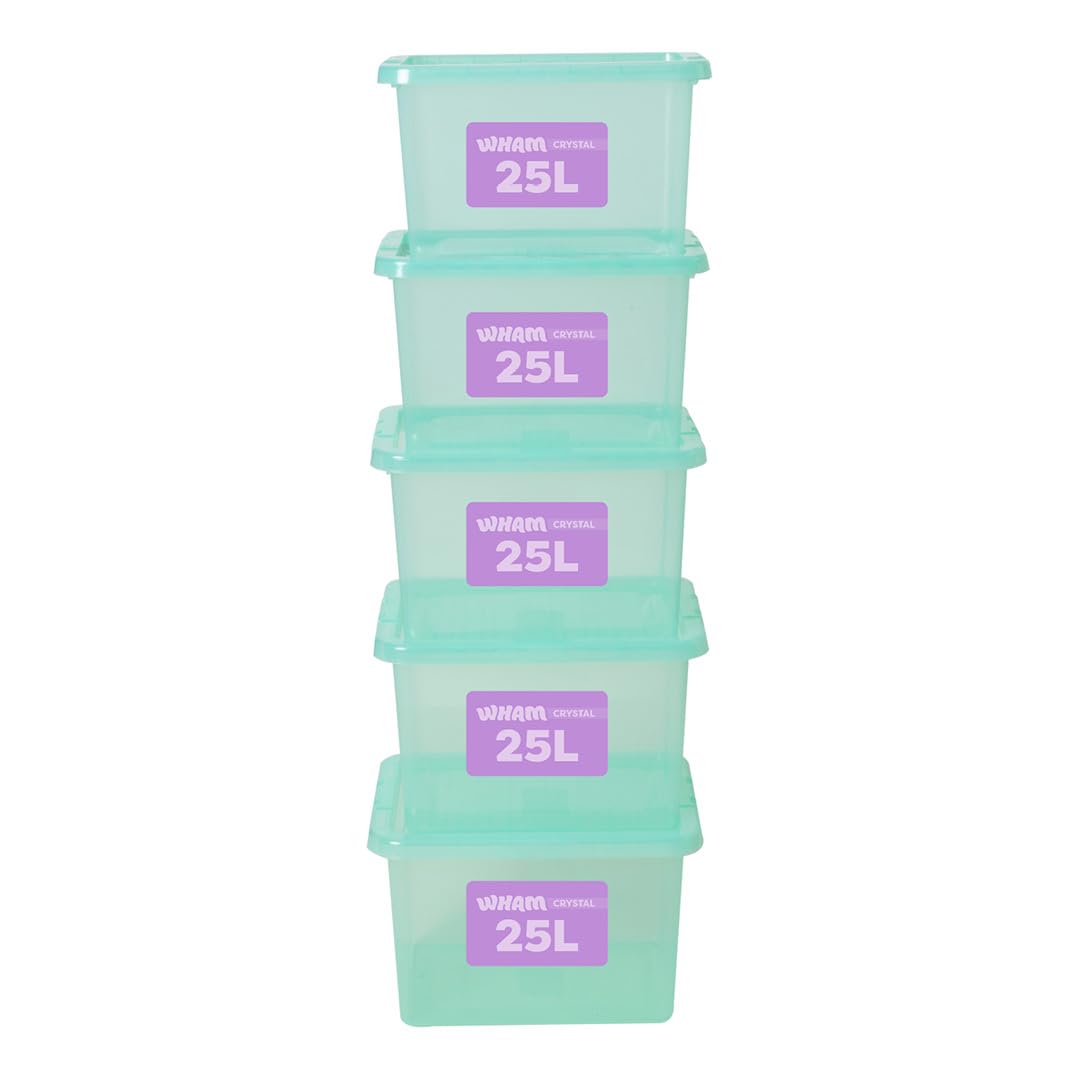 Wham Plastic Storage Boxes With Lids 25L Home Office Stackable Nestable Container Box, Easy fit Underbed Protective Storage Box, 42.5 x 33 x 25.5 cm - Tint Spearmint (Set of 5)