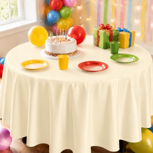 Image of Party Dimensions Ivory Disposable Plastic Tablecloth, Round, 84 inch, 12 Pack
