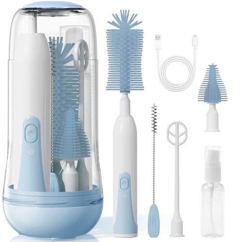 Image of Duoffanny Electric Bottle Brush Cleaner, Baby Bottle Cleaning Kit with Nipple Straw Brushes Drying Rack ​​Soap Dispenser Rechargable Waterproof Multi-Purpose E-Brush Set for Travel & Home, Blue