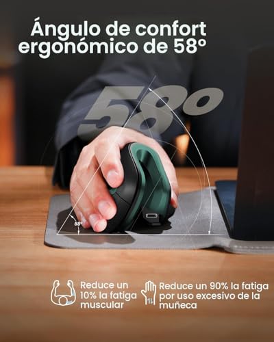 Miniatura 6 de Protoarc Ratón Ergonómico, Em11 Nl Inalámbrico Vertical Ratón Óptico Recargable Con 3 Puertos De Dispositivo Bluetooth Y Usb , 3 Dpi Ajustables Para Ordenador, Ipad, Mac, Windows - Negro Verde