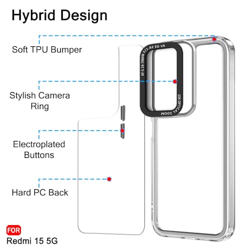 Image of TheGiftKart Hybrid Shockproof Back Cover Case for Mi Redmi 15 5G | Stylish Camera Border | Electroplated Buttons | Crystal Clear Hard Back Cover Case (TPU & PC, Transparent Bumper)