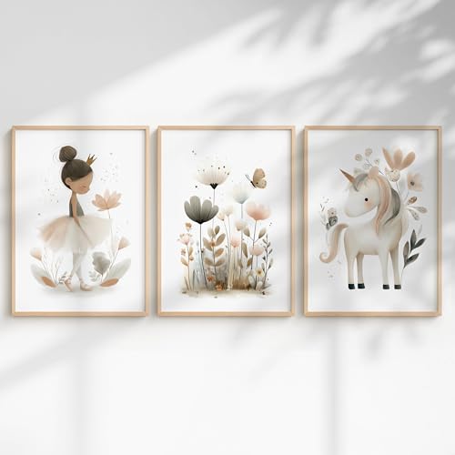 Generisch 3er Poster Set Kinderzimmer Mädchen Babyzimmer Wandbilder mit Einhorn Prinzessin Tieren & Regenbogen Liebevolle Deko fürs Mädchenzimmer (Prinzessin & Einhorn DIN A4 Ungerahmt)