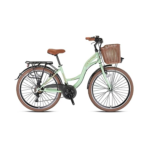 Geroni HZRC Cityrad Sirio Fahrrad Damen Fahrrad Hollandrad Cityrad Damenfahrrad 26', 21 Gang Shimano Tourney Schaltwerk, Kettenschaltung, mit Korb und Stvzo zugelassen // in der Farbe Minzgrün