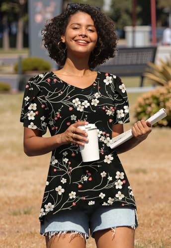 Image of CATHY 2026 Women Tops Summer Short Sleeve Tunic V Neck T-Shirts Loose Casual Floral Blouse S-4XL