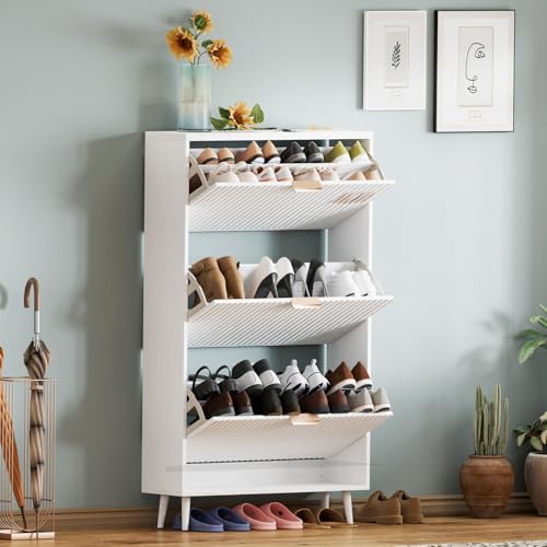 Image of Shoe Cabinet Storage,Modern Freestanding Organizer with 3 Flip Drawers,Narrow Shoe Rack Cabinet for Entryway,White