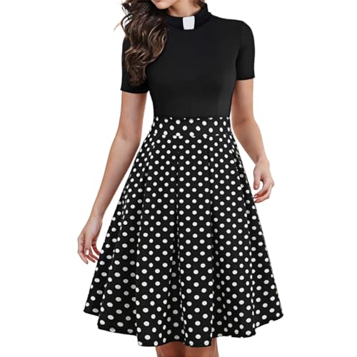 Image of CAMDOM Church Clergy Dress for Women Short Sleeve Polka Dot A Line Elegant Dress with Tab Collar