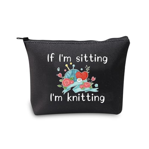 JXGZSO Funny Knitting Gift If I'm Sitting I'm Knitting Cosmetic Bag With Zipper Knitting Project Bag Crochet Lover Gift (I'm Sitting I'm Knitting Black)
