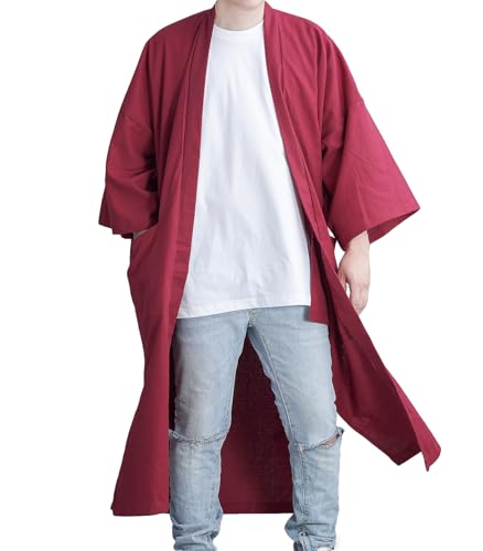 Image of Men's Long Cotton Linen Kimono Cardigan Oversized Noragi Jacket Man Haori Summer Yukata Beach Robe