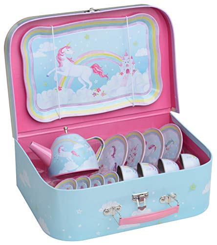 Jewelkeeper 15 Piece Kids Pretend Toy Tin Tea Set & Carrying Case