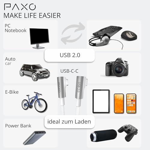 PAXO 1m charging cable, 3A, USB C to USB C cable, USB 2.0, elegant angled plug, particularly flexible fabric sheath in white - Image 4