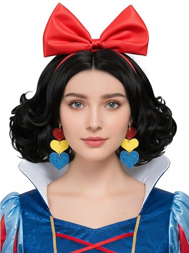 ZGXYZXMY Black Curly Bob Wig for Women Adult Short Bob Black Princess Wig with Red Bow Headband Wig Cap for Halloween Costume Party Cosplay