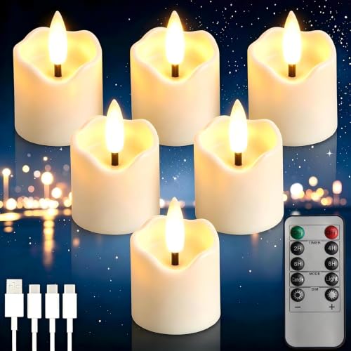 Image of Rechargeable Flameless Tea Light Candles with Timer Remote, 1.5 inchx2.2 inch Electric Fake Flickering Votive Candles for Anniversary Wedding Centerpiece Table Decor Funeral Halloween Christmas, ivory, 6 Pack