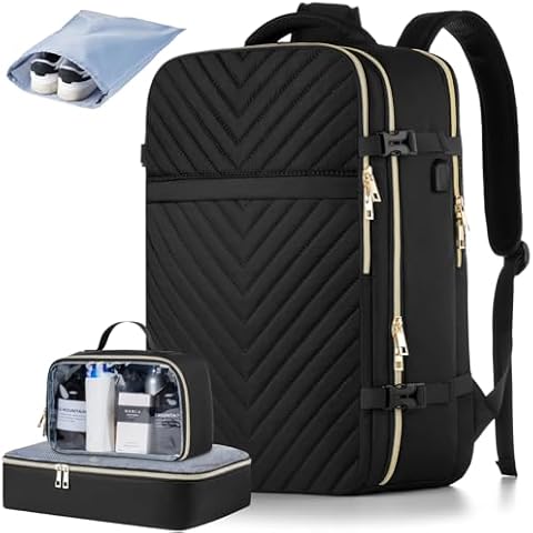 MOMUVO Carry On Backpack for Women, Flight Approved Large Travel Laptop Backpack with 3 Packing Cubes & USB Charge Port, 17 Inch Water Resistant Luggage Travel Bag for Weekender Business, Black Cover