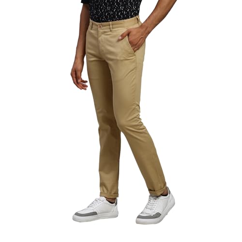 Image of Parx Low Rise Tapered Fit Cotton Blend Solid Pattern Flat Front Casual Trouser