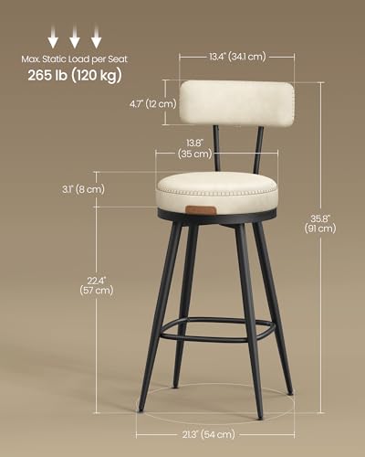 Image of VASAGLE EKHO Collection - Bar Stools Set of 2, Swivel Counter Height Bar Stools, Synthetic Leather with Stitching, Mid-Century Modern, 25.6-Inch Tall Barstools for Kitchen, Cream White ULBC089W01