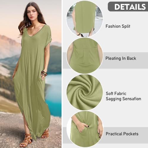 Image of Match Women's V-Neck Casual Loose Short Sleeve Long T-Shirt Dress Split Maxi Dress with Side Pocket