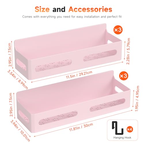 Image of Sevenblue 4-Pack Magnetic Spice Rack for Refrigerator with Hooks, Pink | Strong multipurpose magnetic shelf for kitchen & bathroom organization. Includes 4 removable hooks for hanging items.