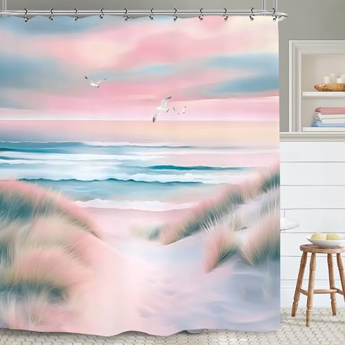 Yookeb Coastal Beach Pink Bathroom Shower Curtain 60W by 71H Inch Summer Sea Ocean Landscape Seaside Seascape Polyester Fabric 12 Plastic Hooks Waterproof Decor