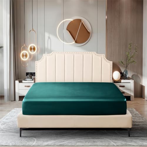Image of Ersmak Silk Satin Fitted Sheet, Soft Deep Pocket Bottom Luxury Queen Fitted Sheet, Wrinkle Free, Breathable, Fade Resistant - Teal