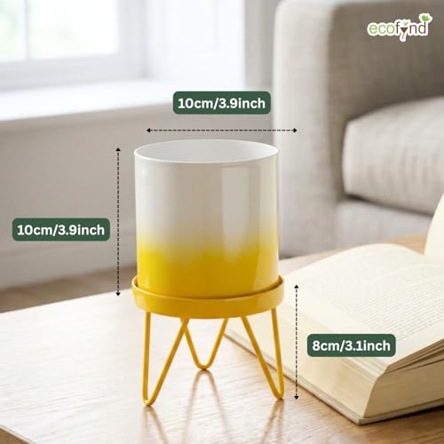 Image of ecofynd Lucas Metal Plant Pot with Yellow Stand, Modern Style Planter Set, Indoor Outdoor Home Decor Item for Garden Plants Flower, Balcony, Patio, Living Room, Garden, Bedroom (PWS032-WHTYLW)