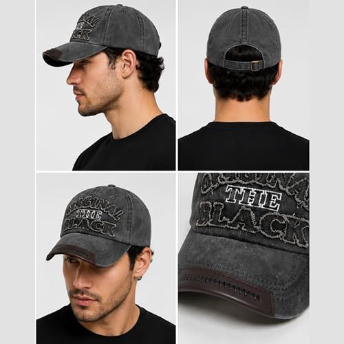 Image of Unisex Vintage Washed Cotton Baseball Cap for Men and Women | Distressed Style Adjustable Dad Hat with Letter Embroidery for Sun Protection, Sports & Casual Wear - Charcoal Black