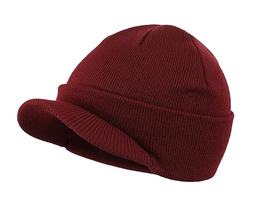 Home Prefer Men's Winter Beanie Hat with Brim Warm Double Knit Cuff Beanie Cap (Burgundy), Burgundy, One size