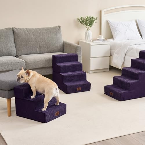 Image of EHEYCIGA Dog Stairs for Small Dogs 13.5 inch H, 3-Step Dog Steps for Couch Sofa and Chair, Pet Steps for Medium Cats, Non-Slip Balanced Pet Ramp Indoor, Purple