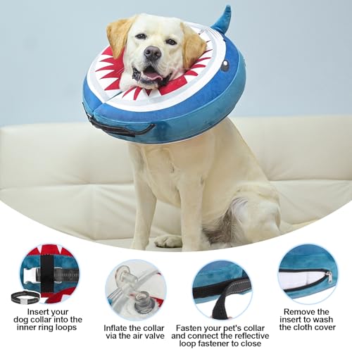 Image of BEAUTYZOO Dog Cone Alternative After Surgery for Large Medium Small Dogs, Soft Inflatable Cone Collar for Dogs Cats, Dog Neck Donut E Collar Recovery Collar to Stop Licking, Shark Blue S