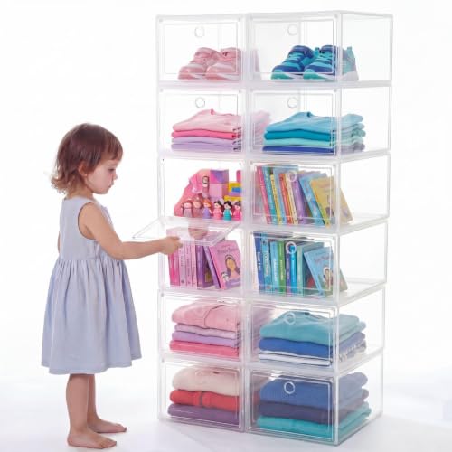 10 Pack Stackable Clear Storage Bins with Front Door 5-sided Transparent Organizer Boxes Plastic Storage Containers for Clothes, Toys, Classroom Supplies, and Home Organization