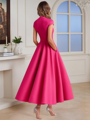 Tea Length Satin Mother of The Bride Dresses for Women A Line V Neck Cap Sleeve Formal Evening Party Gowns3
