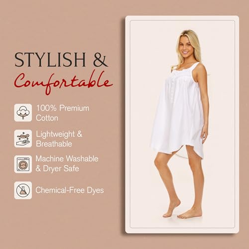 Alexander Del Rossa 100% Cotton Nightgowns for Women, Sleeveless Lace Trimmed Button Up Short Vintage Night Dress Gown4