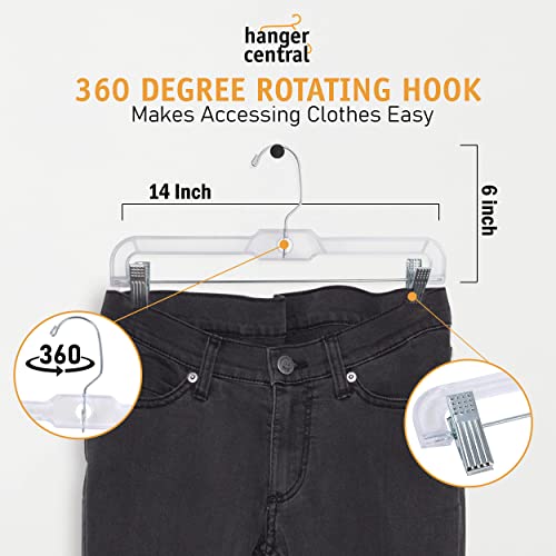 Hanger Central Premium 14 Inch Clear Pants Hangers with Adjustable Clips - 12 Pack Space-Saving Skirt Hangers - Non-Slip Heavy Duty Plastic Closet Organizers with 360° Swivel Hook by Hanger Central - Image 6