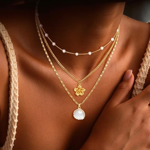 Gold Necklaces for Women,14k Gold Plated Layered Pearl Necklace Dainty Summer Shell Pearl Pendant Beach Cute Charm Accessories Set Fashion Jewelry Gift3