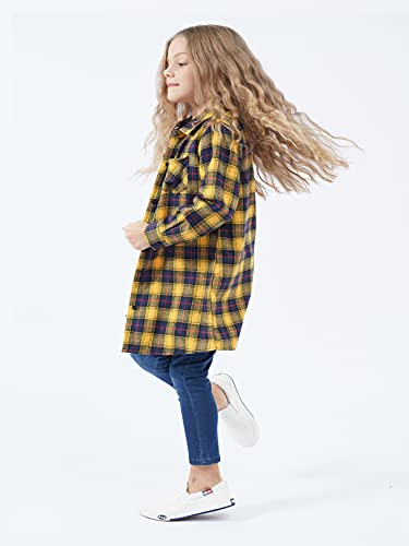 Girls Flannel Shirt Long Sleeve Girls Western Shirt Toddler Plaid Dress Girls Button Down Shirt Yellow Plaid Shirt For Girls 6-7Y #TOP4